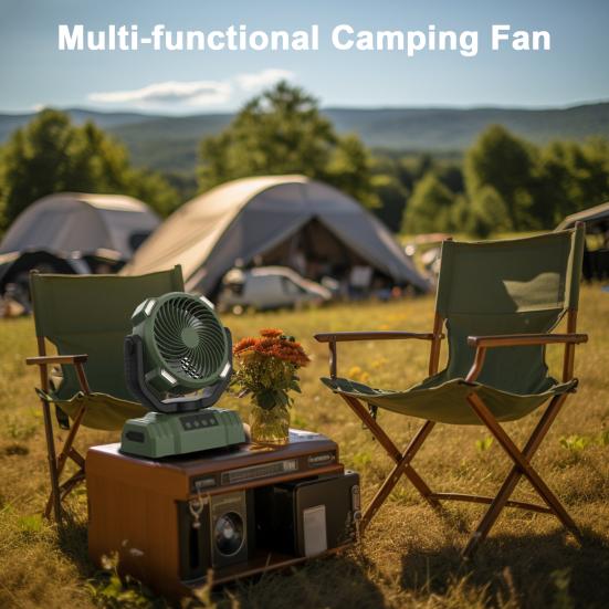 

Многофункциональный вентилятор Yousheng для кемпинга со светодиодной подсветкой, регулируемой скоростью ветра, низким уровнем шума, режимом сна, работающий от батареи, охлаждающий вентилятор для пикника на открытом воздухе зелёный