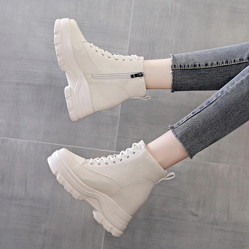 9Cm Cow Black Leather Platform Wedge Shoes Autumn Pumps Women Lace-Up Ankle Booties Spring Chunky Sneakers Mid Calf Winter Plush