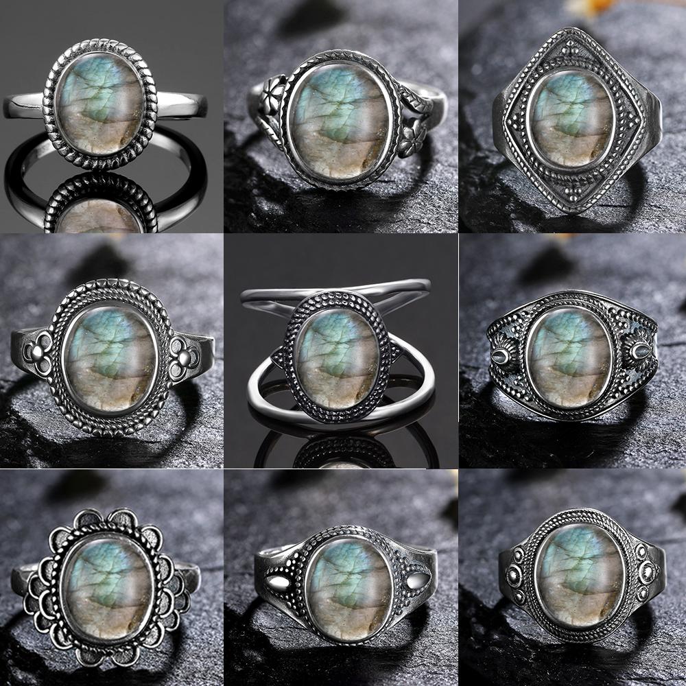 CopperRing for Women Oval Round Natural Labradorite Ring Gift Sun Shaped Retro Luxury Fine Jewelry