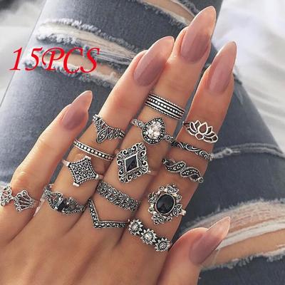 Set Of 5 Rings Boho Knuckle Fashion Star Moon Love Diamond Thumb Stack Jewelry