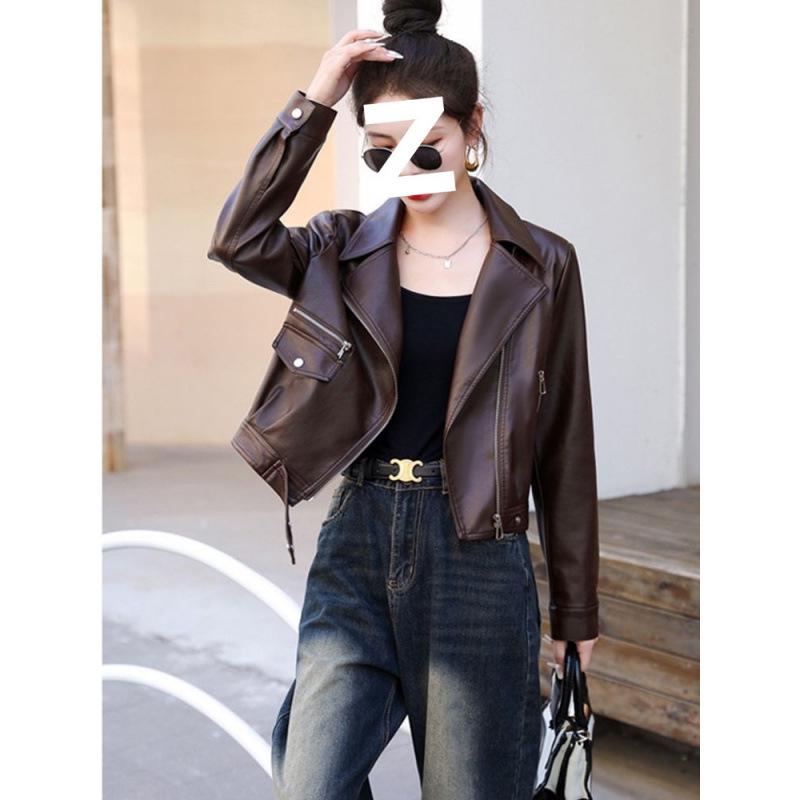 2025 Women's Petite PU Leather Short Motorcycle Jacket, Spring/Autumn Casual Style with Suit Collar.