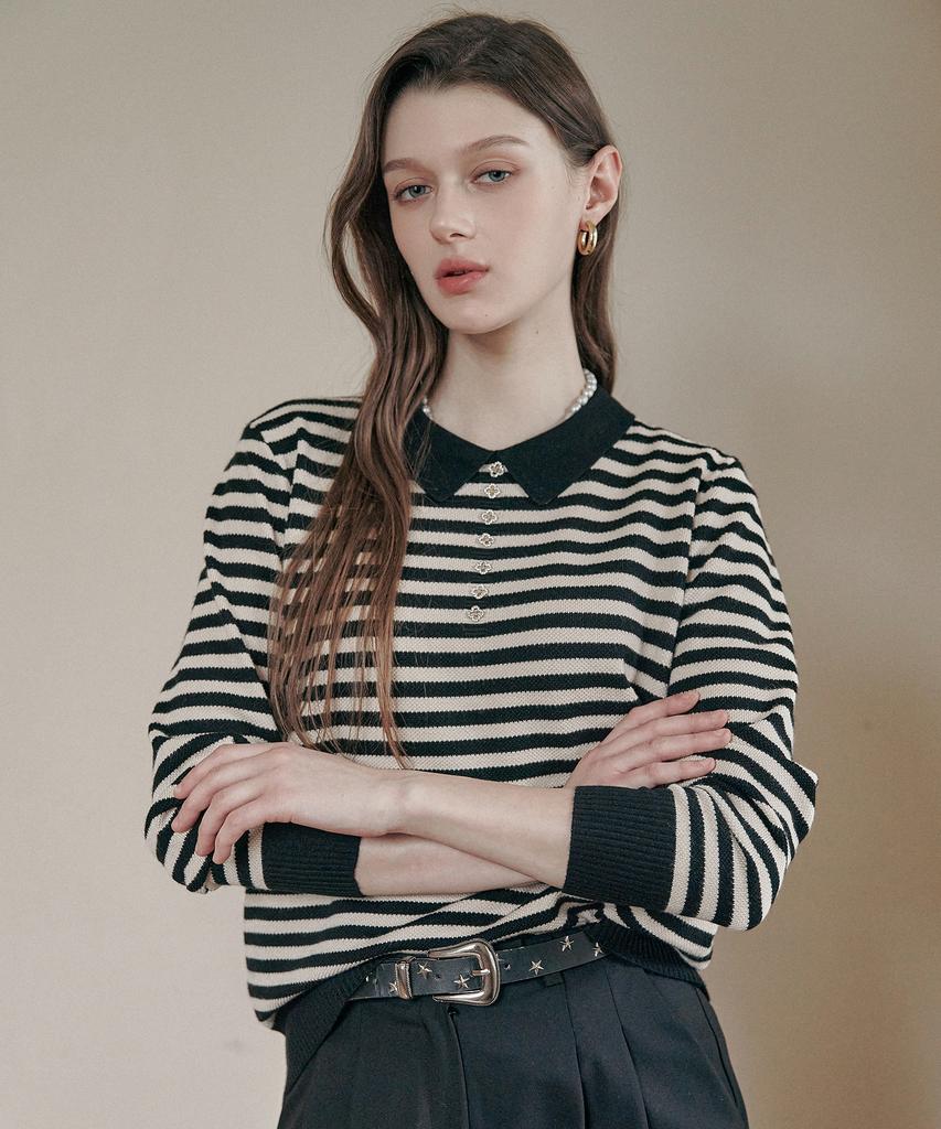 MAXZA Cubic Button Striped Open Collar Knit