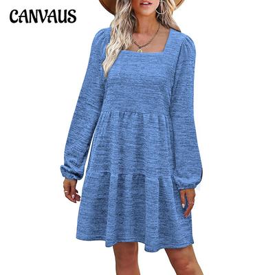 Spring Autumn Women's Skirt Square Neck Dress Shrug Long Sleeve Women's Layered Patchwork Dress