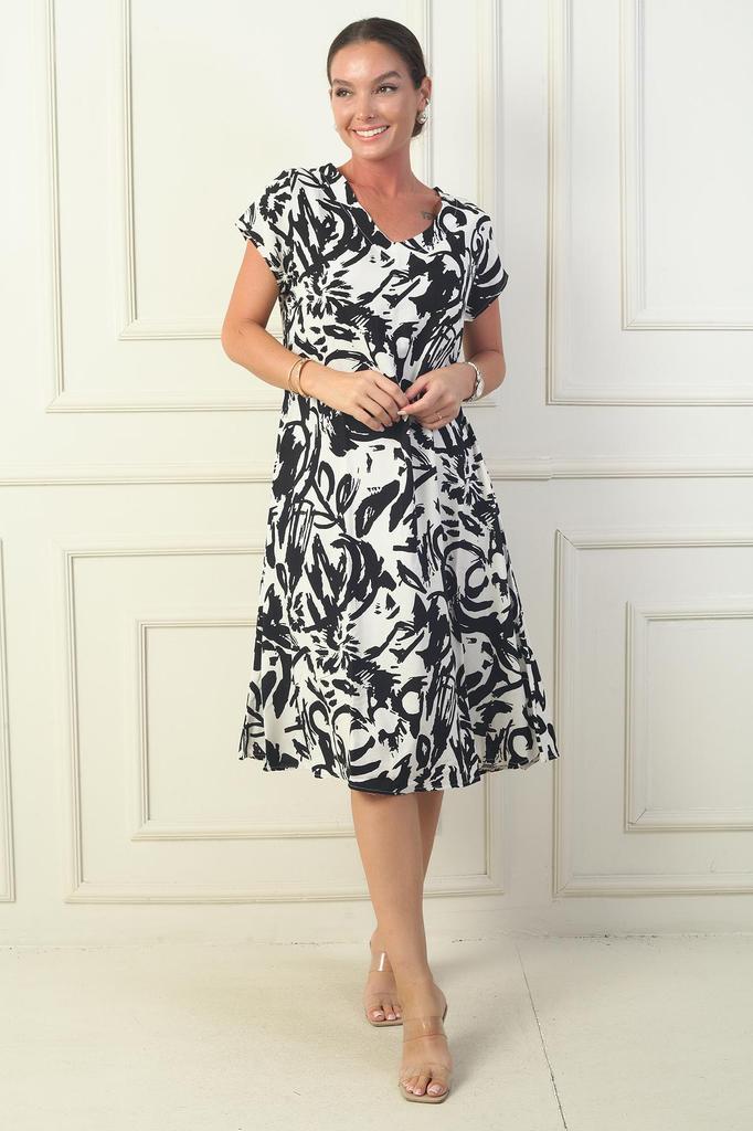 Women's V Neck Abstract Patterned Viscose Dress