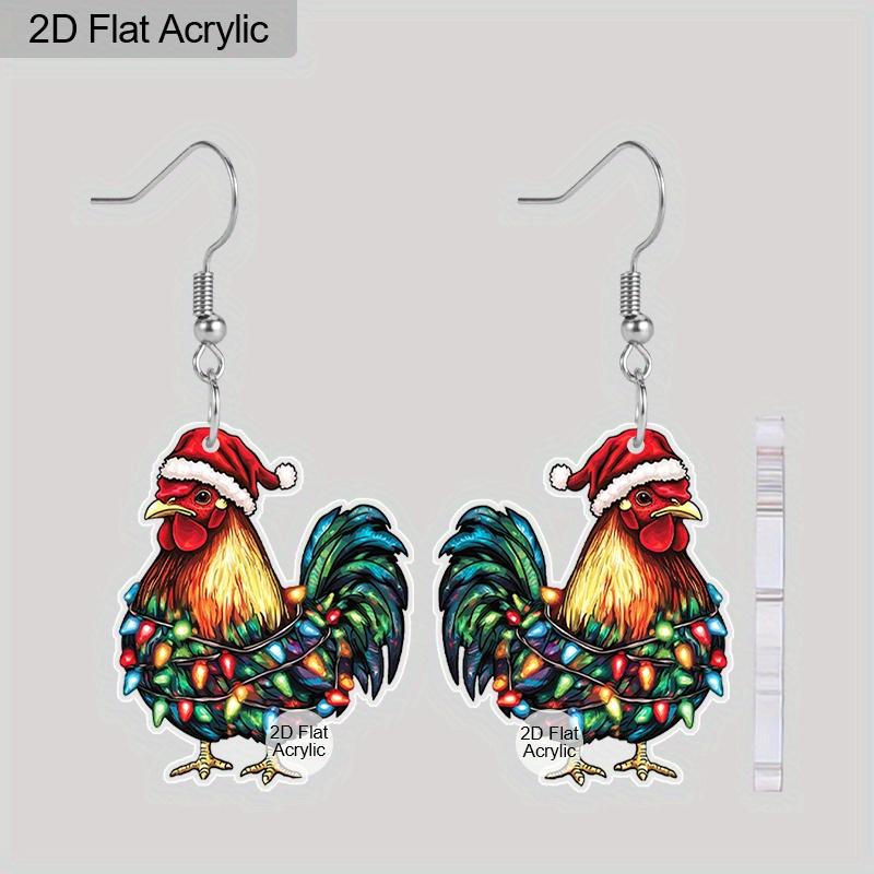 2D Flat Christmas Cartoon Christmas Hat Rooster Double-sided Pattern Earrings Jewelry Gift for Women Female