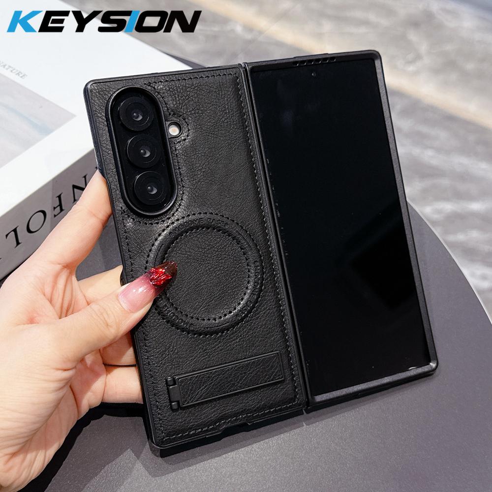 KEYSION Luxus PU Leder Magnetische Hülle für MagSafe für Samsung Galaxy Z Fold 7 5G Ständer Kabelloses Laden Handy Rückseite