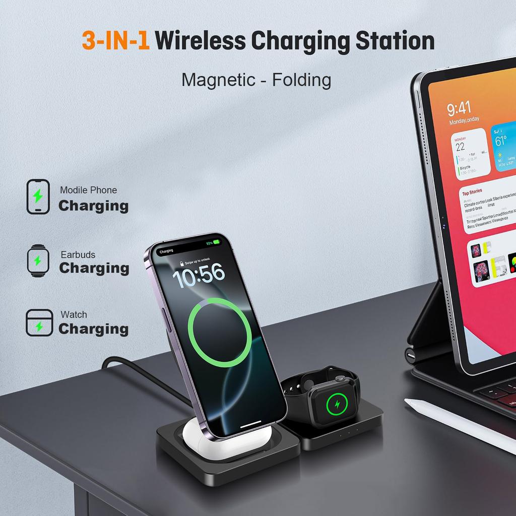 3 In 1 Charging Station for iPhone 16 15 14 Airpods 4 3 iWatch 10 Foldable Magnetic Wireless Charger Dock Travel Charging Pad