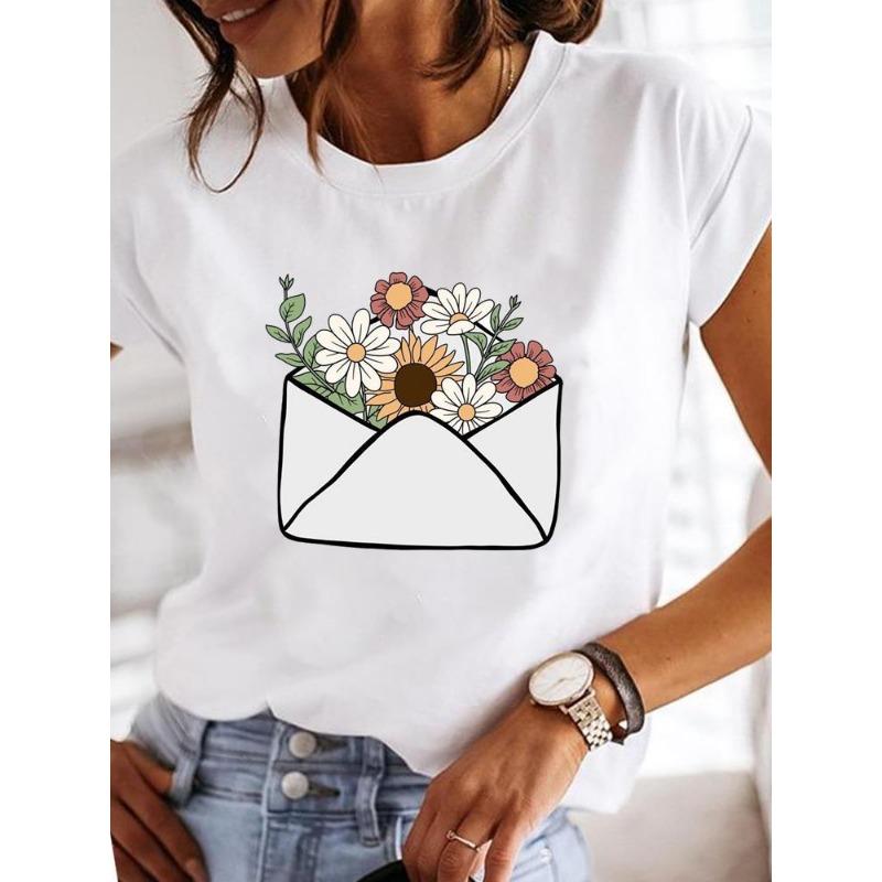 Sommer Rundhals Herzförmige Blume Liebe Aufdruck Top Modisches Lässiges Reines Baumwoll Kurzarm Damen T-Shirt