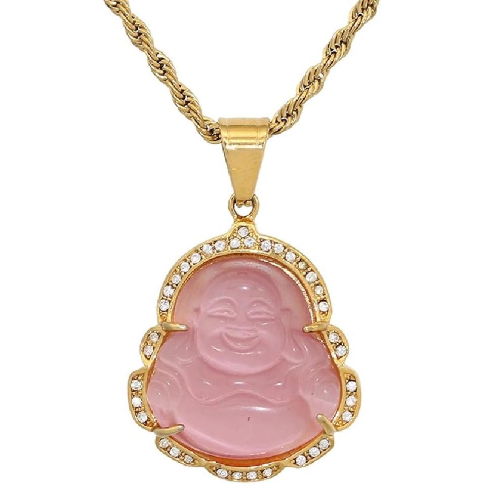 COLORFUL BLING Lucky Laughing Buddha Pendant Necklace Green Jade CZ Gemstone Amulet Jewelry for Women Men