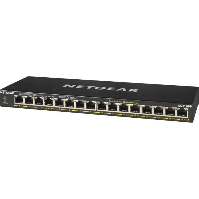 Switch Ethernet - NETGEAR - GS316PP - 16 Ports RJ45 Gigabit - PoE+ 183W - Bureau/Rack/Mural