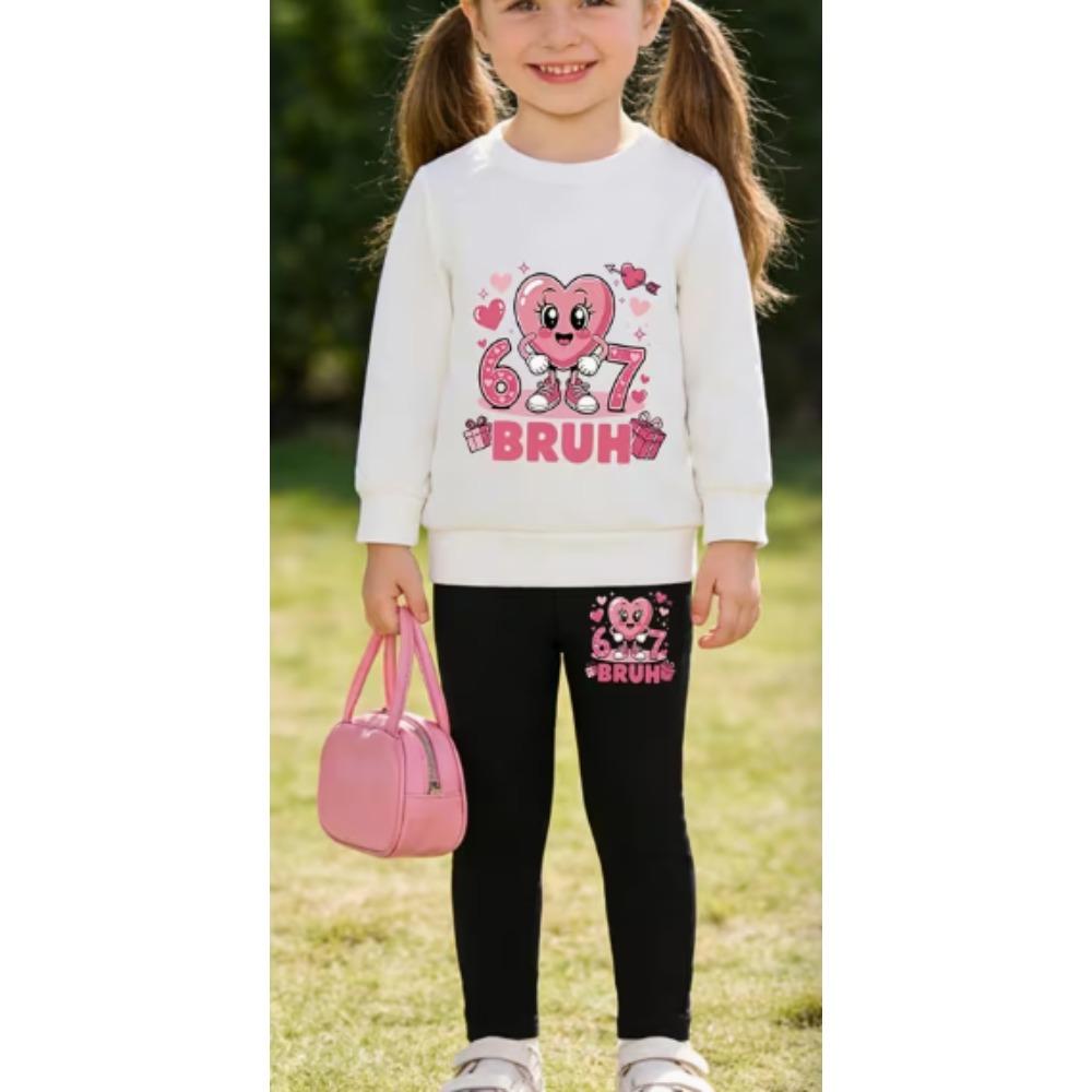 Girls' Heart Cartoon Casual Comfortable Soft Loose Pullover Sweatshirt and Leggings 2-Piece Set, New Autumn/Winter, Playful, Sweet and Cool Style
