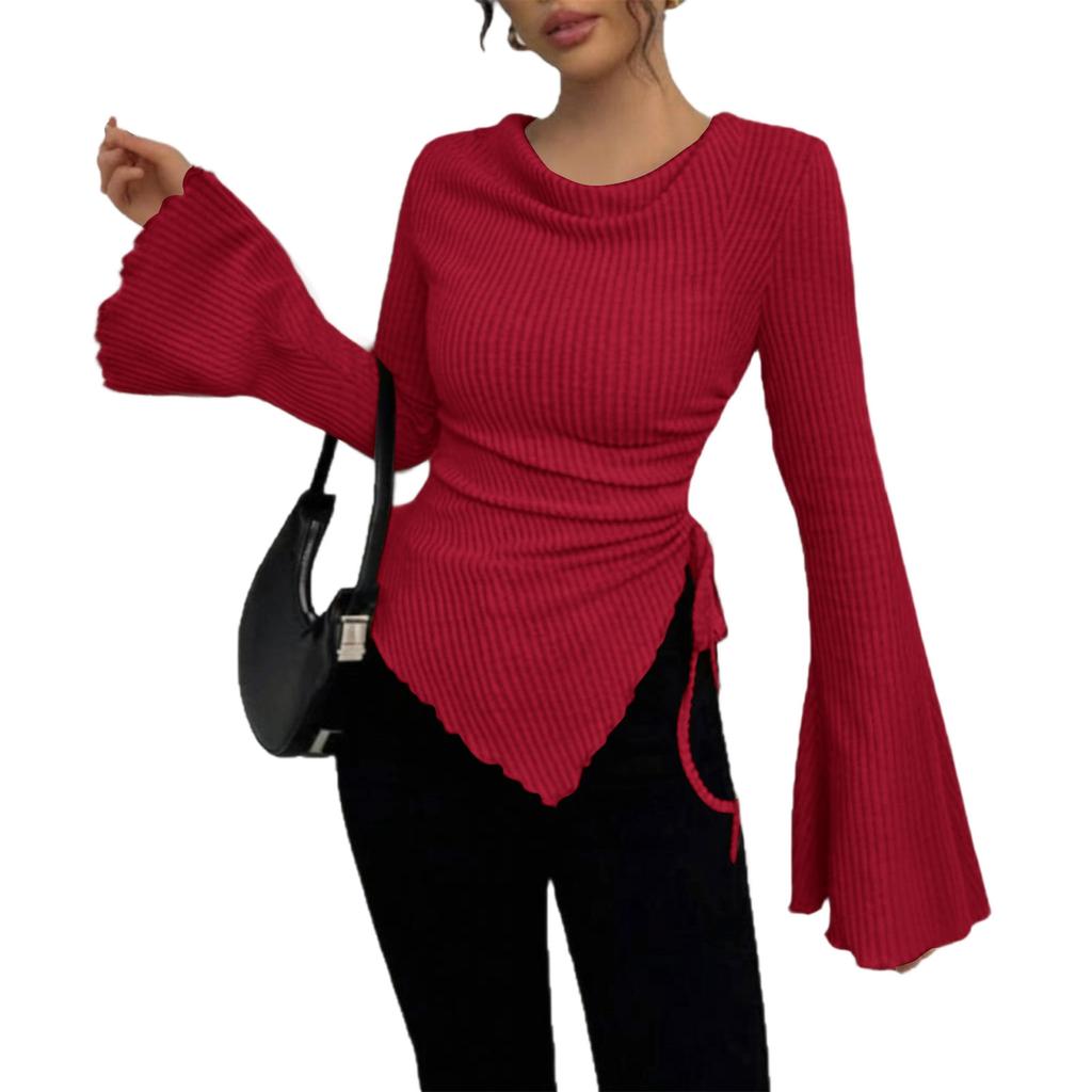 Women's Fashionable Casual Long-Sleeved Solid Color Irregular Hem Flared Sleeves Drawstring Design Slim Fit Pullover Round Neck T-Shirt Top