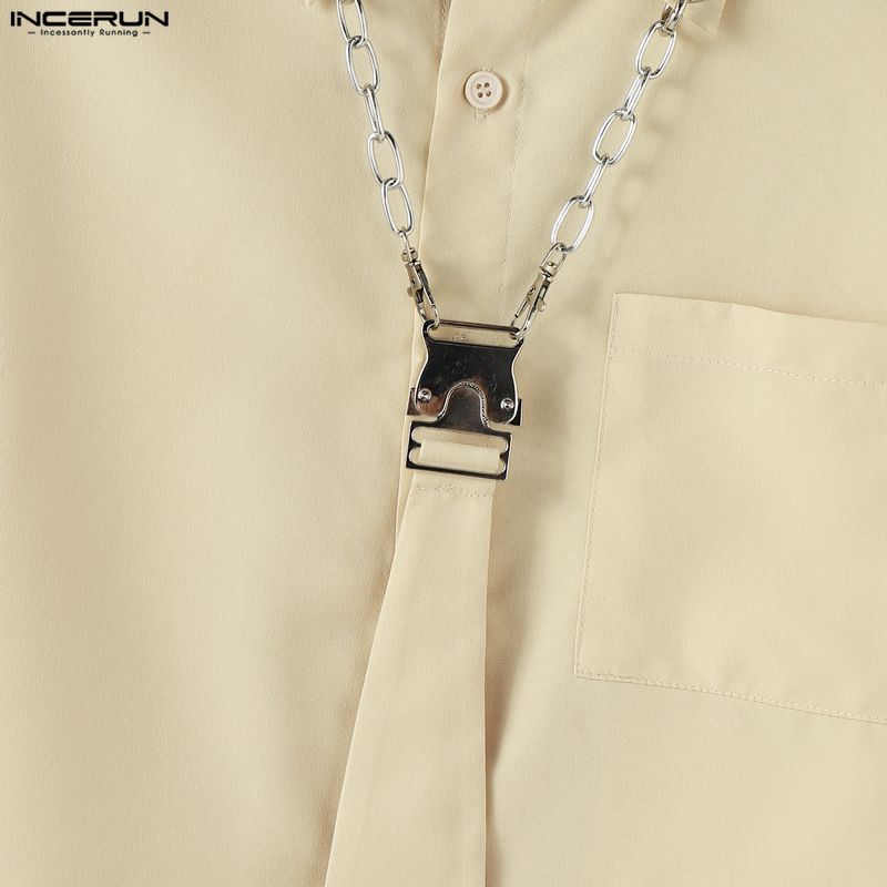 INCERUN Spring Men Tie Lapel Neck Long Sleeve Casual Loose Oversized Shirts Tops