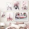 Pariser Turm Kirche Retro Auto Pfingstrose Wandkunst Leinwandbild Nordische Poster Drucke Wohnzimmer Heimdekoration Landschaftsmalerei