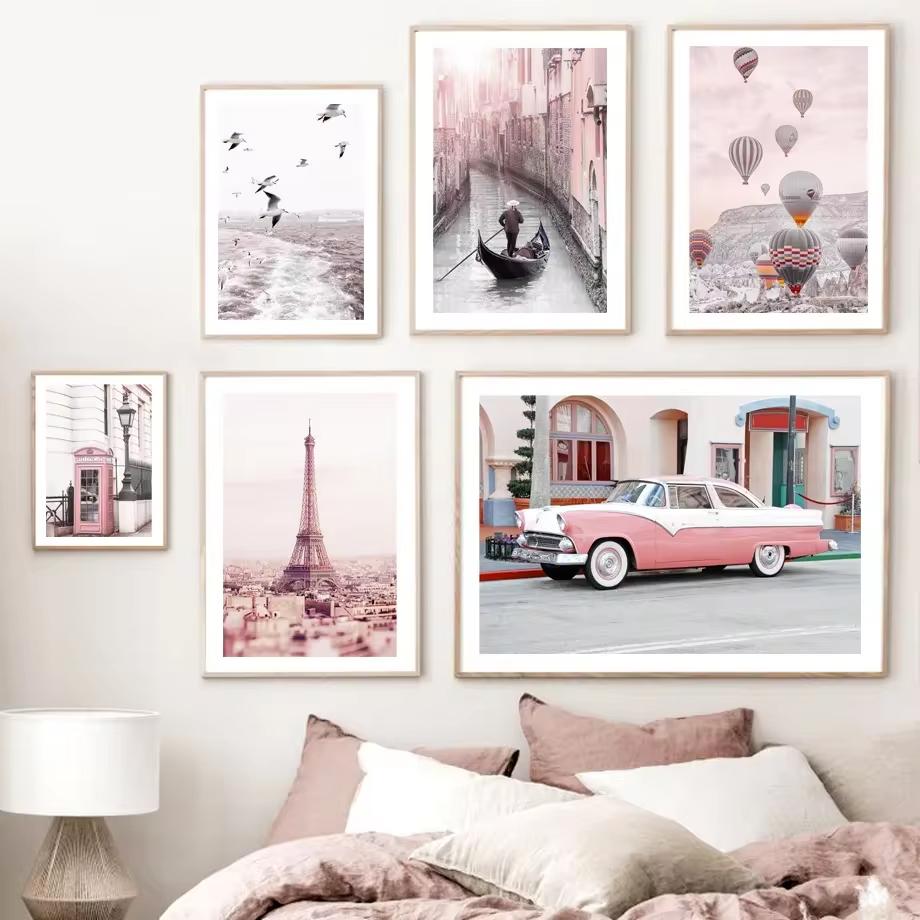Pariser Turm Kirche Retro Auto Pfingstrose Wandkunst Leinwandbild Nordische Poster Drucke Wohnzimmer Heimdekoration Landschaftsmalerei