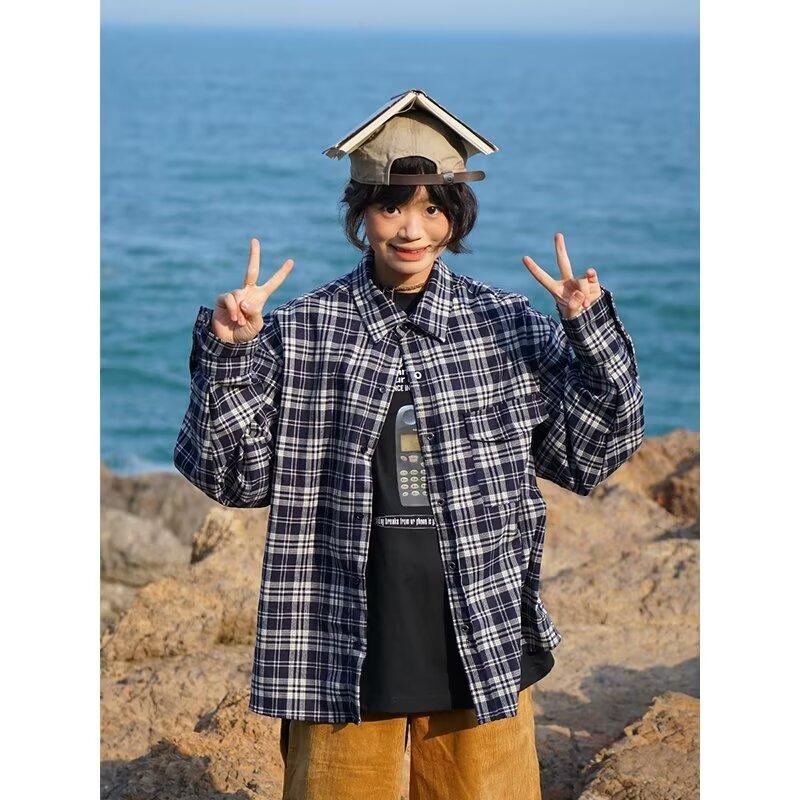 

2024 Клетчатая рубашка с длинным рукавом в японском стиле Гонконга Ins Свободная рубашка для мальчиков Летнее модное универсальное повседневное пальто 3XL чёрный