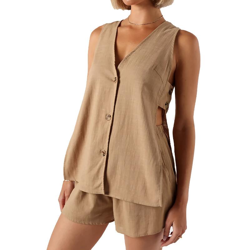 

QICED Летний комплект из двух частей с шортами на пуговицах без рукавов из хлопка и льна XL хаки