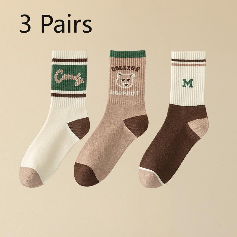 3 Pairs of Women Retro Trend Assorted Cartoon Letter Diamond Sports Warm Sweat Absorption Tube Socks