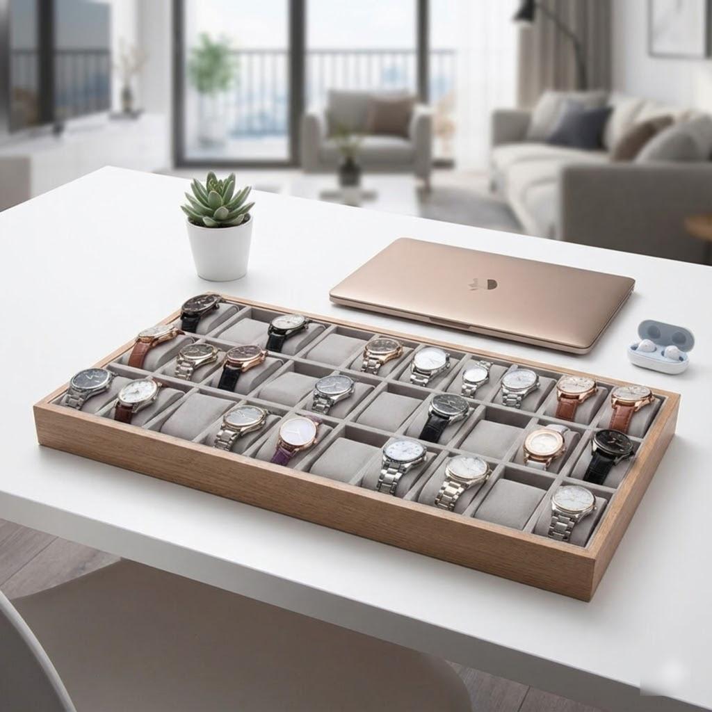 Wooden Watch Box 30 Slots Display Tray Organizer With Grey Velvet Pillows For Men Women