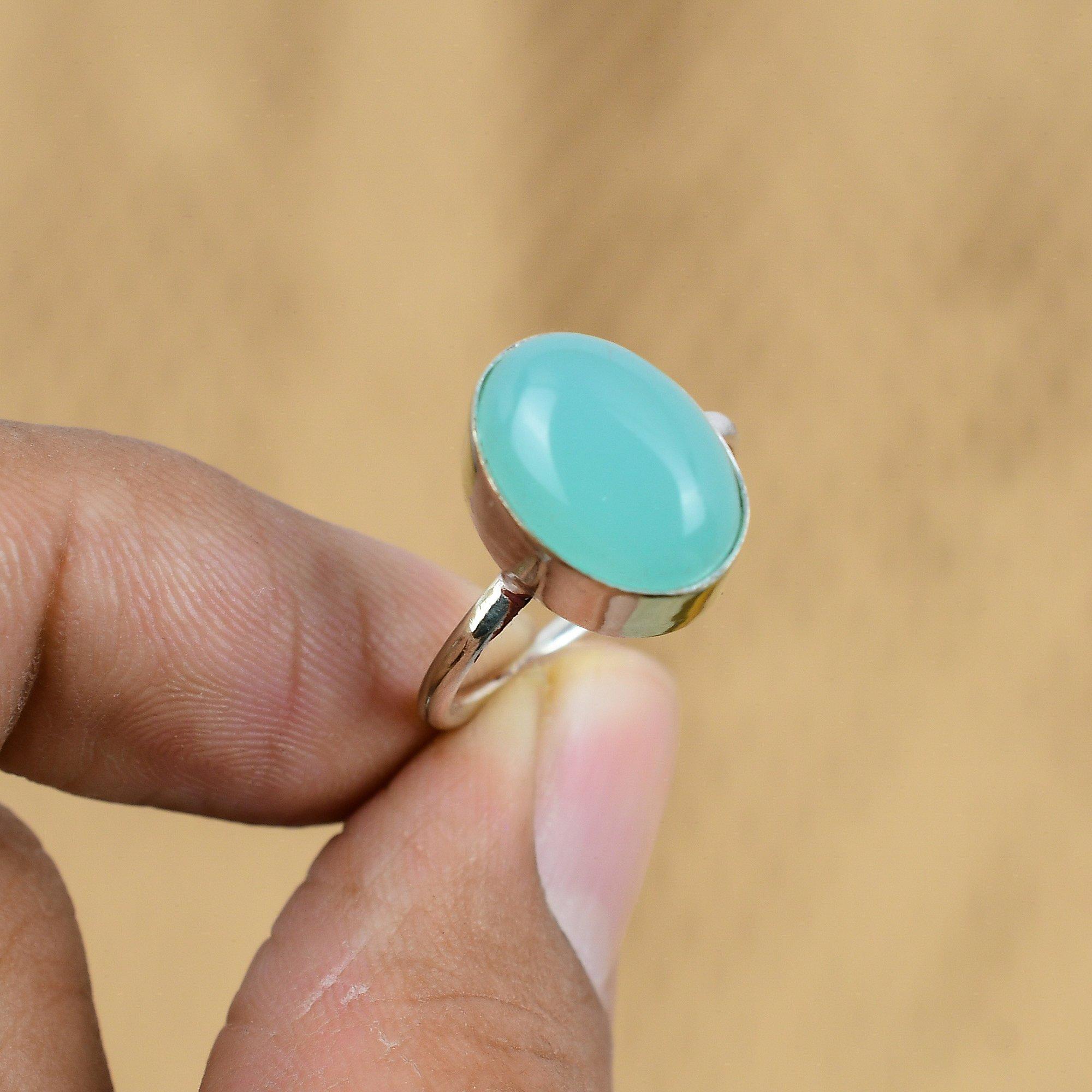 

925 Sterling Silver Oval Green Chalcedony Gemstone Wedding Promise Ring Size 8 No