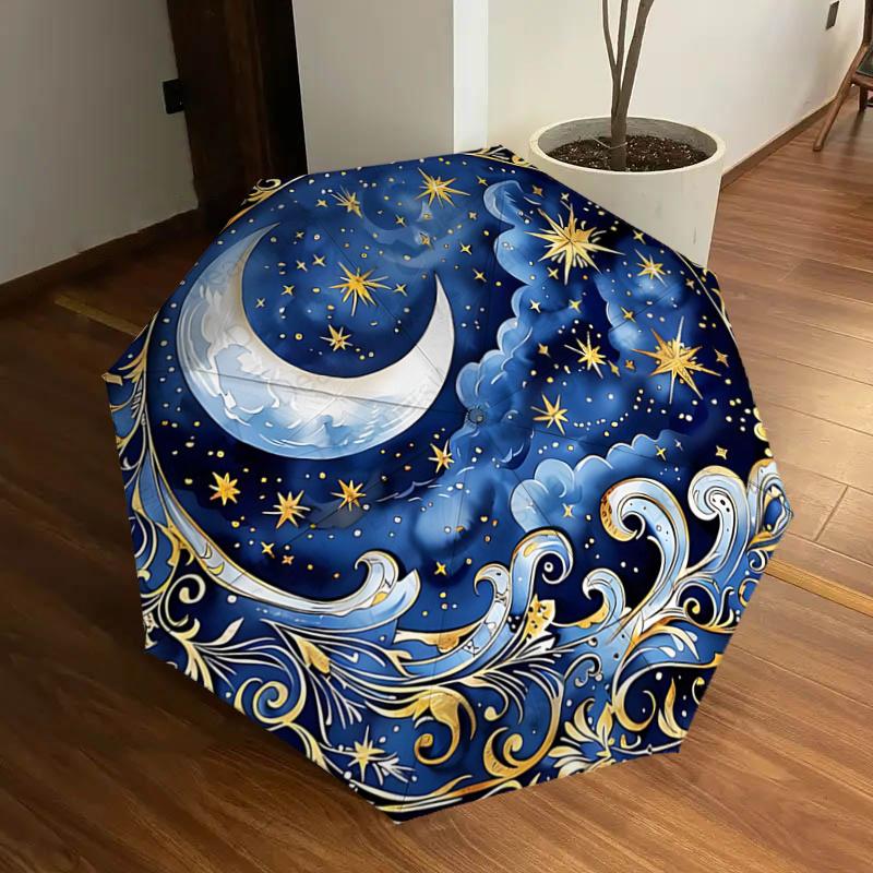 

Elegant Celestial Night Sky Auto-Open Close Umbrella with Golden Stars, Clouds & Moon Design - Portable 3-Fold Iron Frame Outdoor Umbrella f