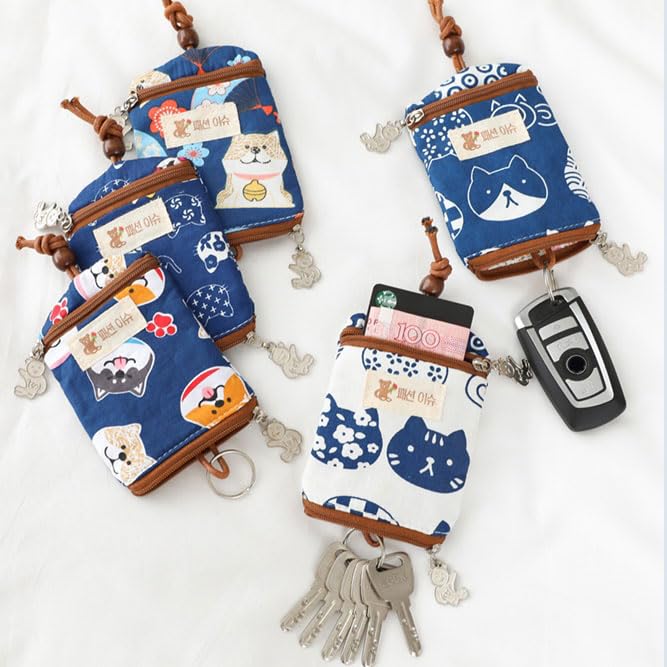 loco animo Key Case, Double Zipper, Cotton, Lightweight, Slightly Larger, Cute, Plant Pattern, Animal