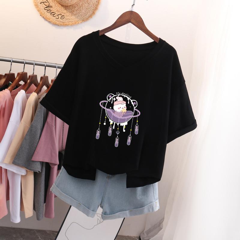 Short-sleeved T-shirt, Loose-fitting, Slimming Printed V-neck Top for Women