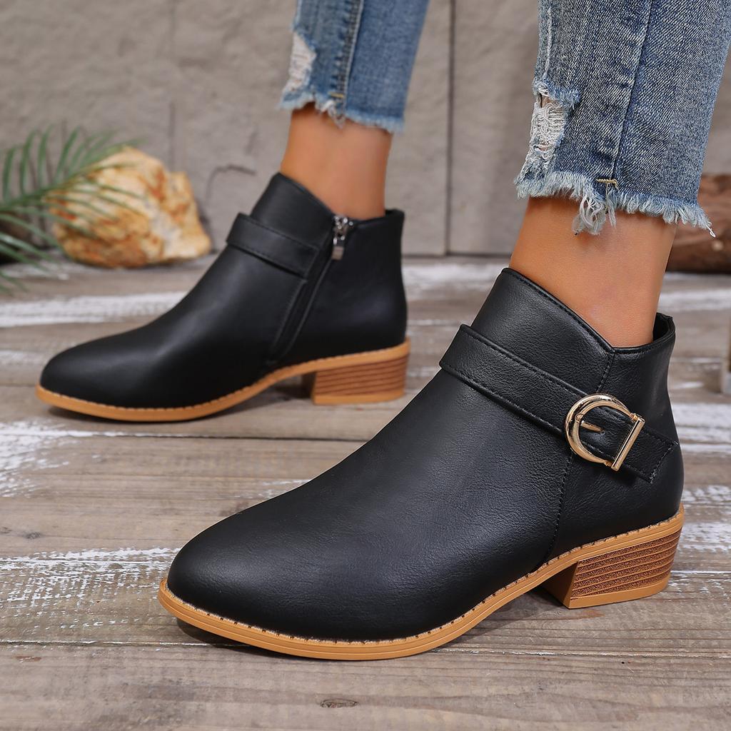 Botas Femininas de Inverno Salto Grosso Bico Fino Sapatos Estilo Zíper Duplo Tamanho Grande Botas Curtas Sapatos Modernos Confortáveis