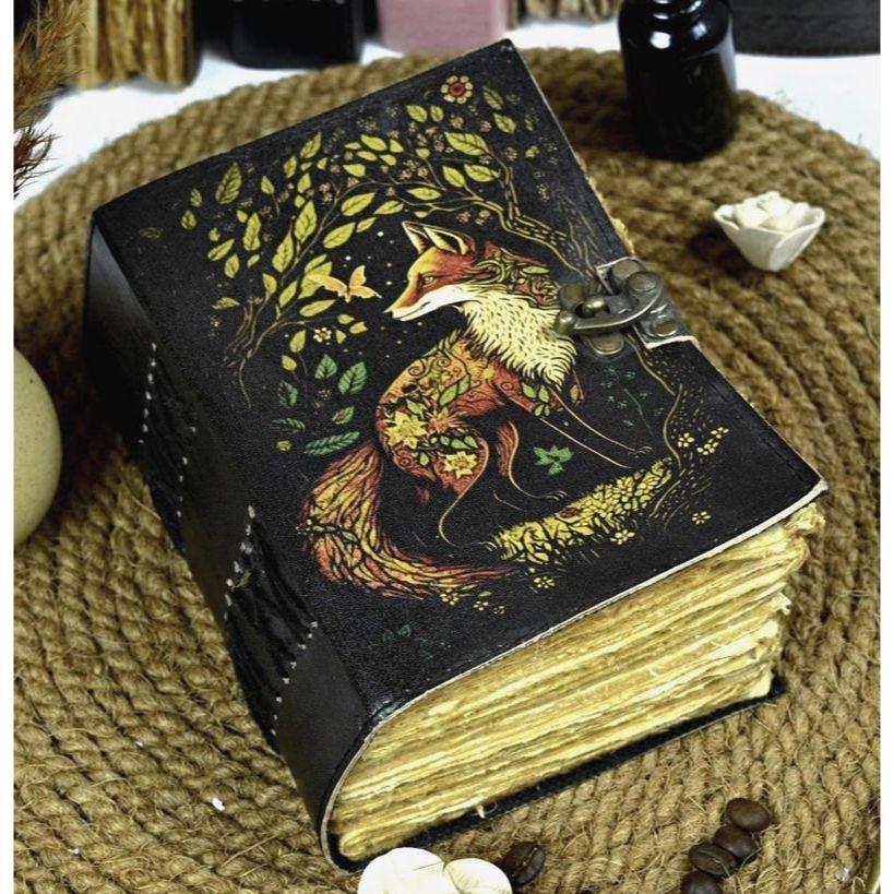 Handmade Fox Leather Journal –  Vintage Grimoire Book of Shadows, Rustic Fat Notebook, Witchcraft Gift for Men & Women