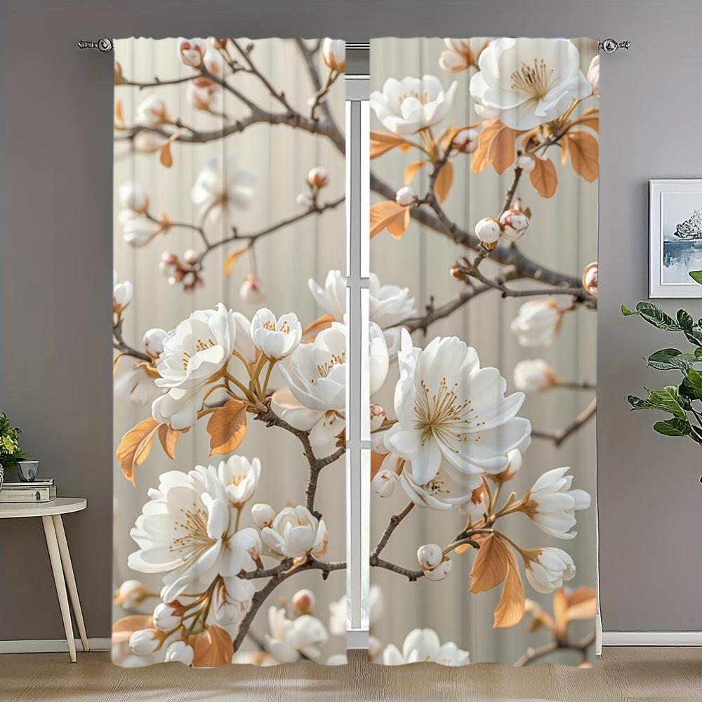

2pc Floral Print Curtains - White and peach flowers on branches, vintage style, perfect for living room, office, bedroom 53x116cm &2pc