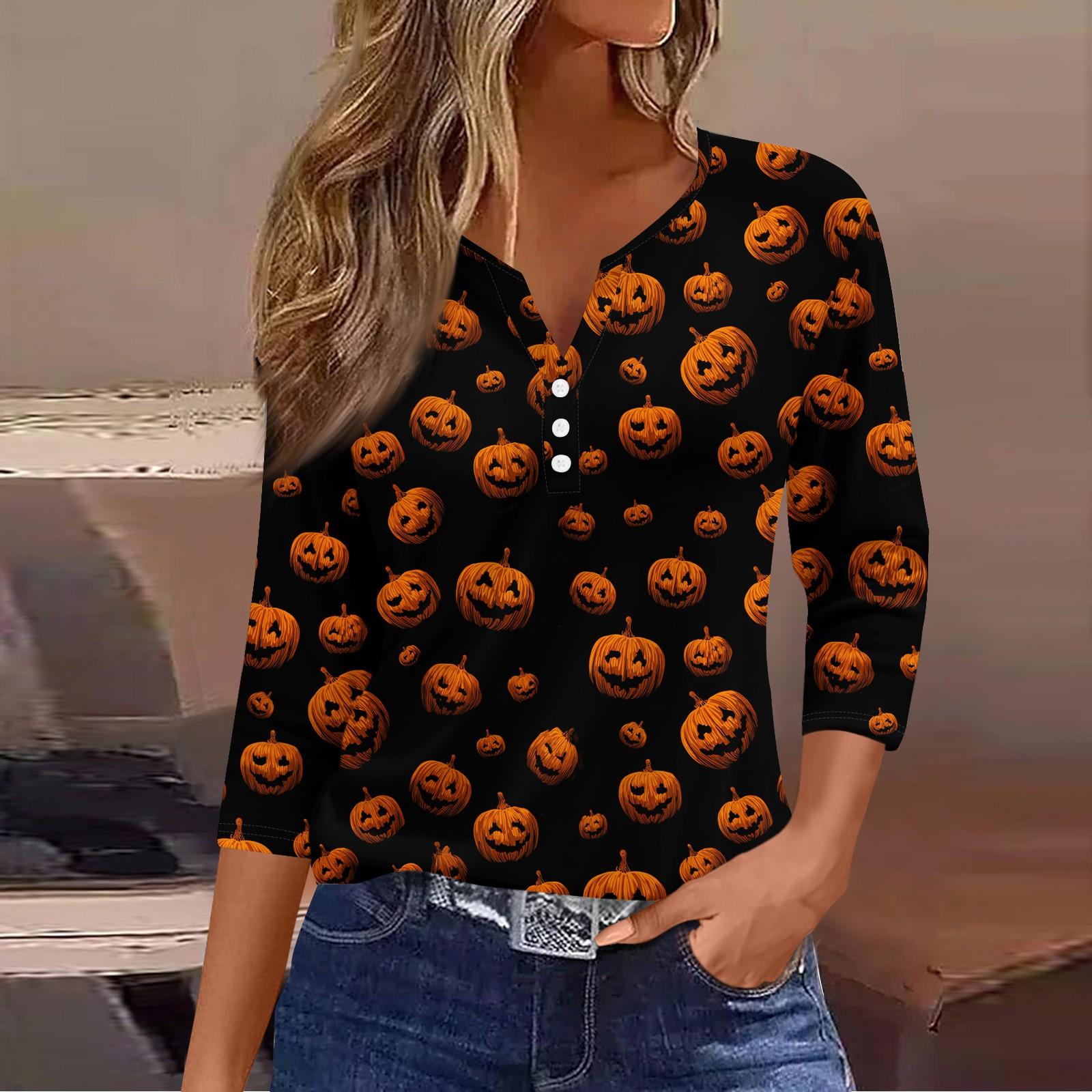 

3/4 Length Sleeve Womens Tops Halloween Print Vintage Fashion Casual Loose With V Neck Plus Size Shirts L шафрановый