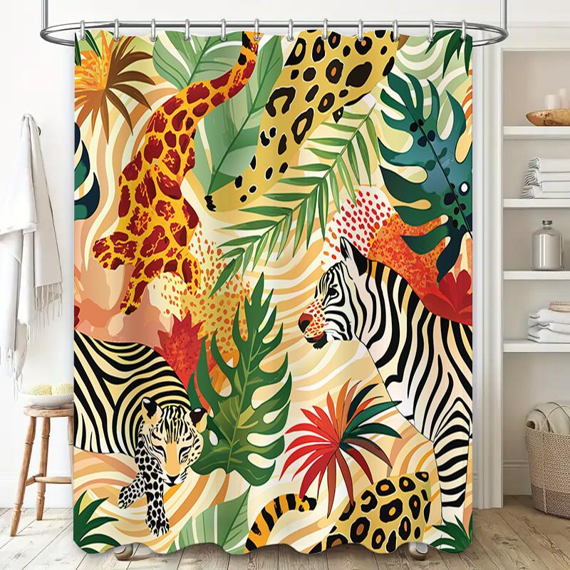 Animal Print Shower Curtain TROPICAL JUNGLE Wildlife Pattern Bath Rug Decoration Zebra Leopard Tiger Greenery Yellow Red Decorat