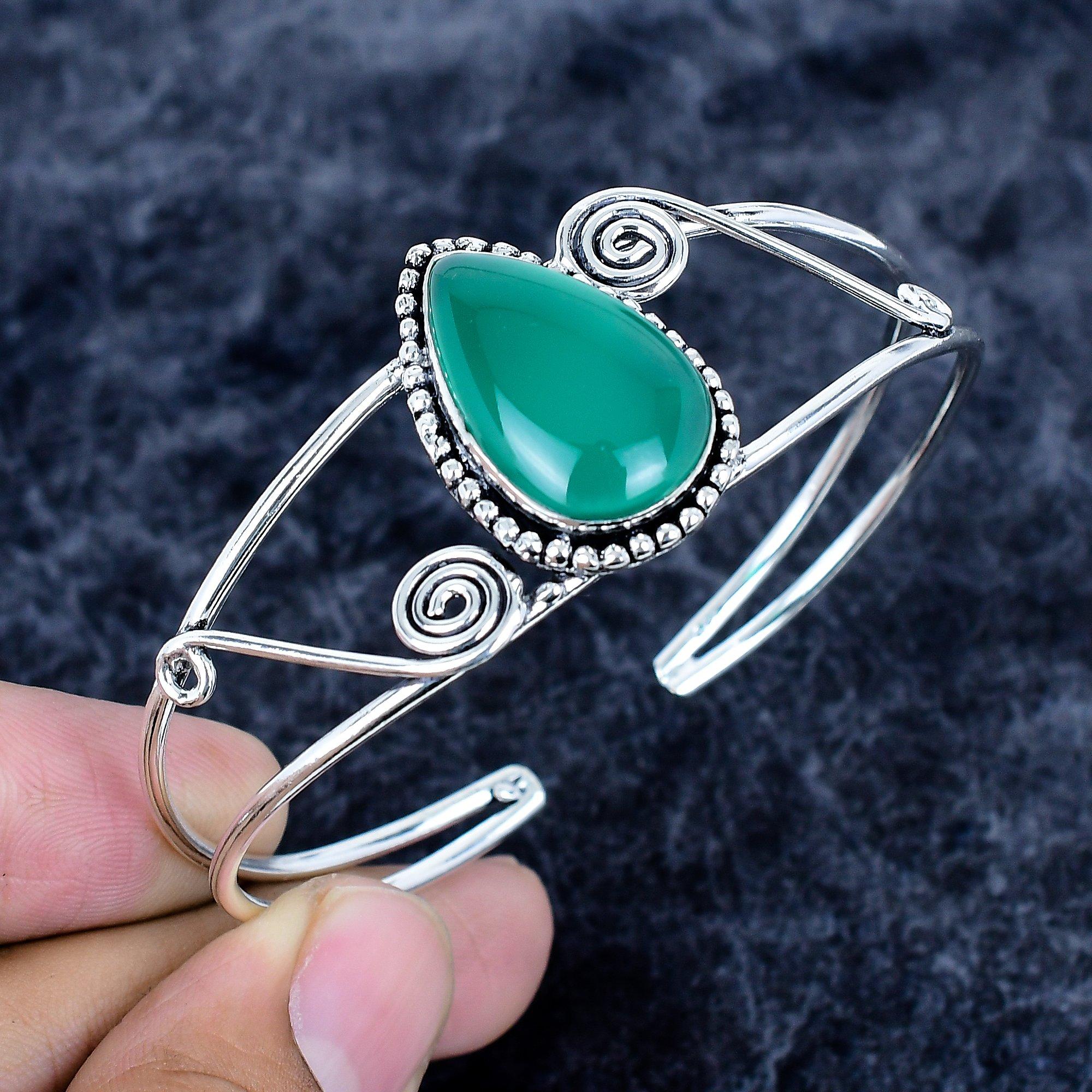 

Green Onyx Gemstone Handmade 925 Sterling Silver Cuff Bangle Adjustable MM-3496