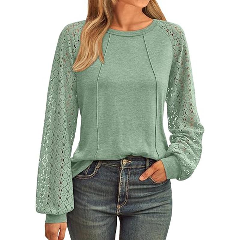 Damen Bluse mit Spitzensaum - Neues Langarm Rundhals Oversize Hemd Tunika Top Boho Eleganter Stil