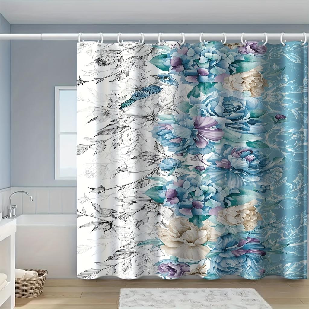 Vibrant Floral Art Shower Curtain - Aqua Blue Background, Spring Flowers Design, Machine Washable, Includes Hooks