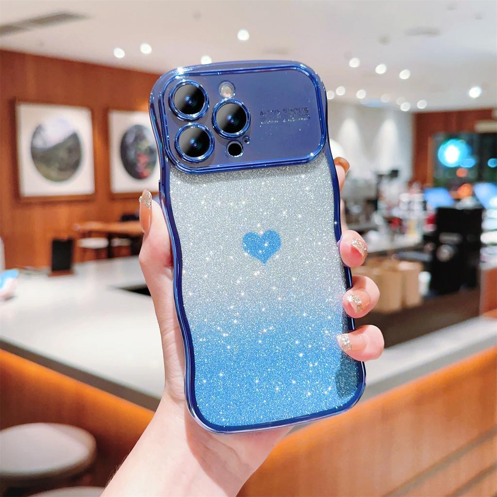 For iPhone 16 Pro Max Case Love Heart Gradient Glitter TPU Phone Cover Electroplating Curly Frame