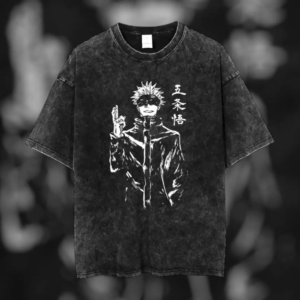 Camiseta Oversize Lavada Gráfica Y2K Jujutsu Kaisen Hombres Mujeres Casual Algodón Holgada Manga Corta Cómoda Algodón Ropa Femenina Masculina