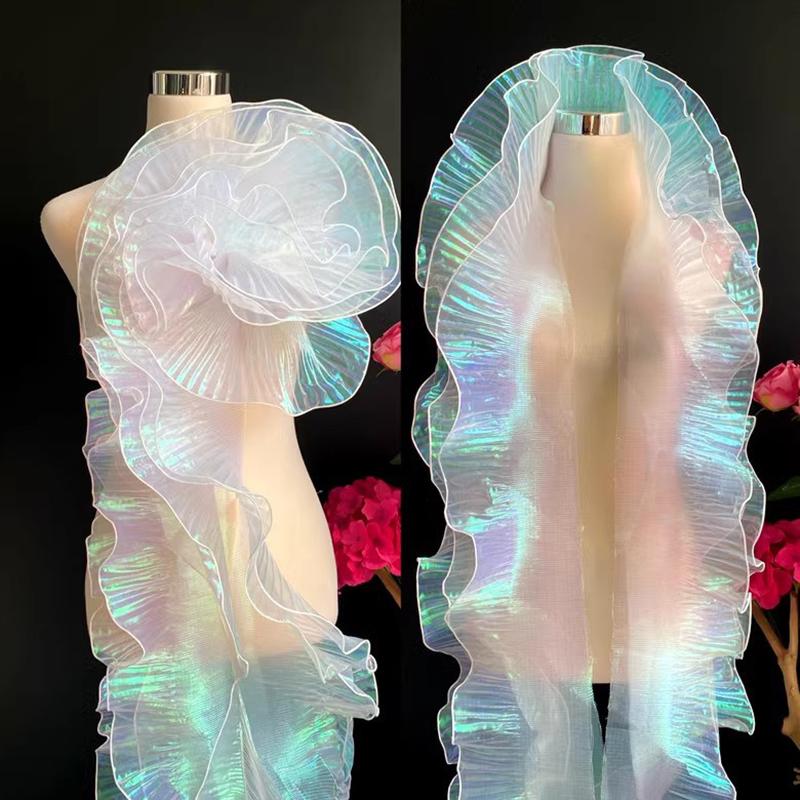 1Yard Lace Fabric Mermaid Ruffled Transparent Iridescent Laser Pleated for Wedding Sewing Costume Supply Craft