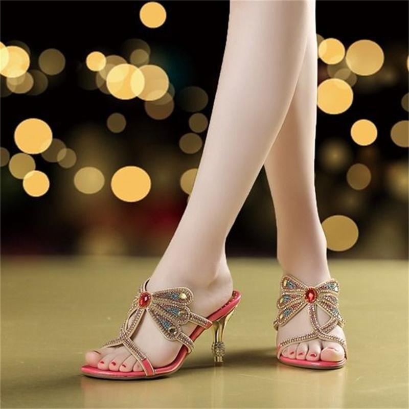 Fashion Summer Rhinestone Sandals Genuine Leather Glitter Women Open Toe Sandals High Heels Party Shoes Gladiator Sandals Wedding Shoes