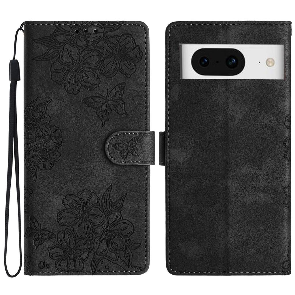 For Google Pixel 8 Case PU Leather Wallet Phone Cover Imprinted Butterfly Flowers Wrist Strap