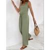 European and American summer texture neck V-neck jumpsuit, waist lace-up wide-leg pants, holiday style leisure