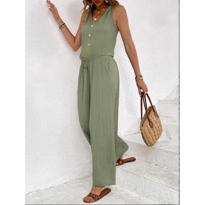 European and American summer texture neck V-neck jumpsuit, waist lace-up wide-leg pants, holiday style leisure