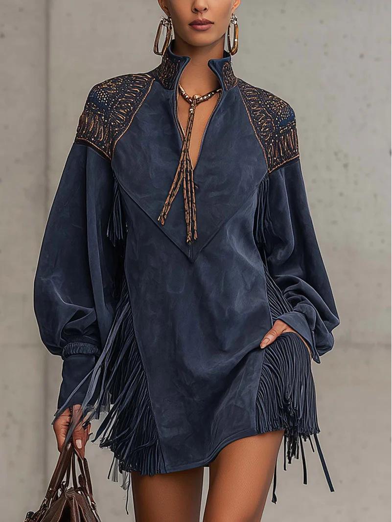 2025 European & American V-Neck Tassel Embroidered Dress XXL синий