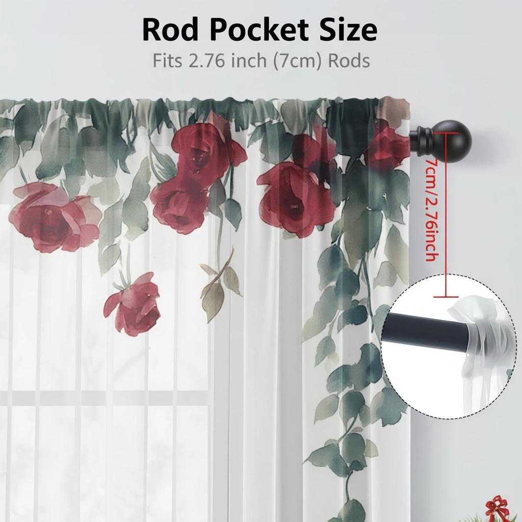 Прозрачная вуалевая штора с принтом красной розы – Штора с карманной лентой, пропускающая свет, Романтичная цветочная прозрачная штора для спальни, гостиной 100*130 Grommet Top 1pcs