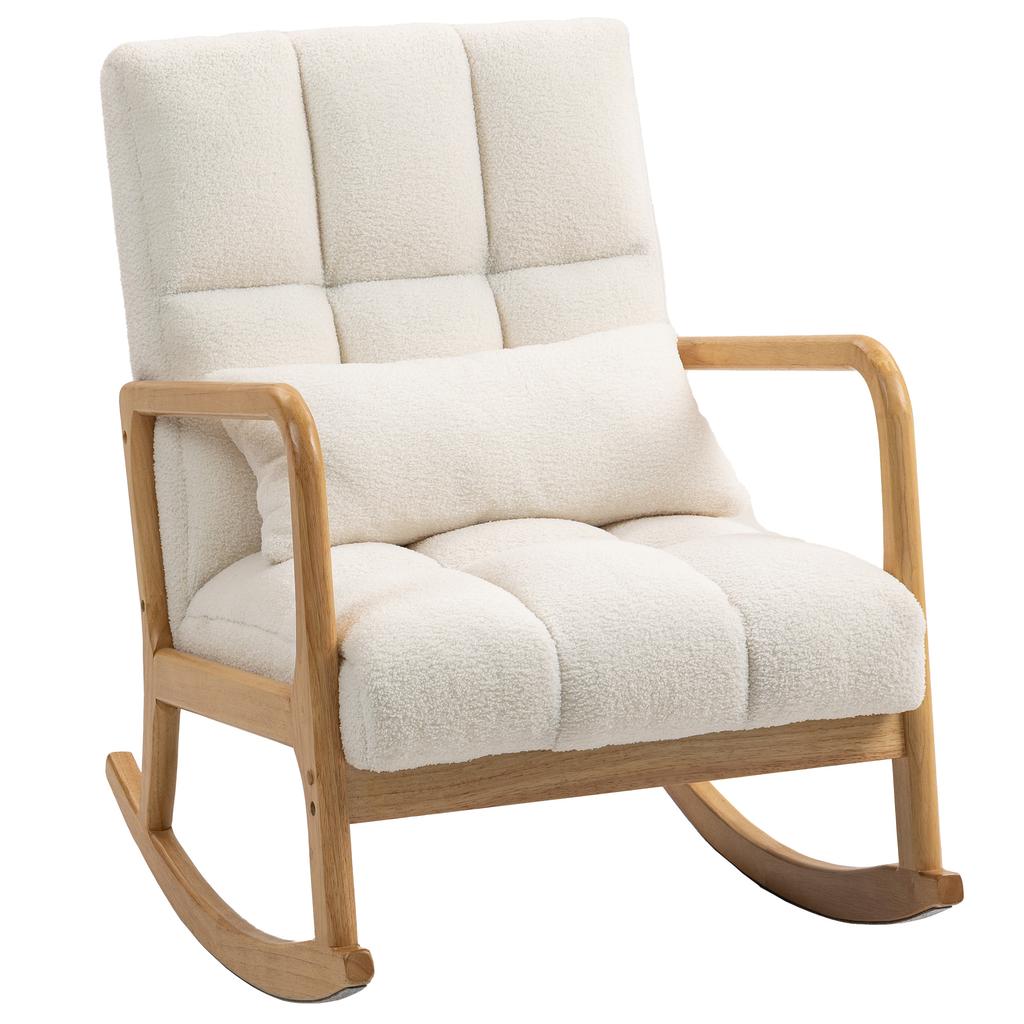 Rocking Armchair 90 degrees-130 degrees with Lumbar Cushion upholstered in Sherpa Fabric, 64.5x82x89 cm, White and Wood Colour