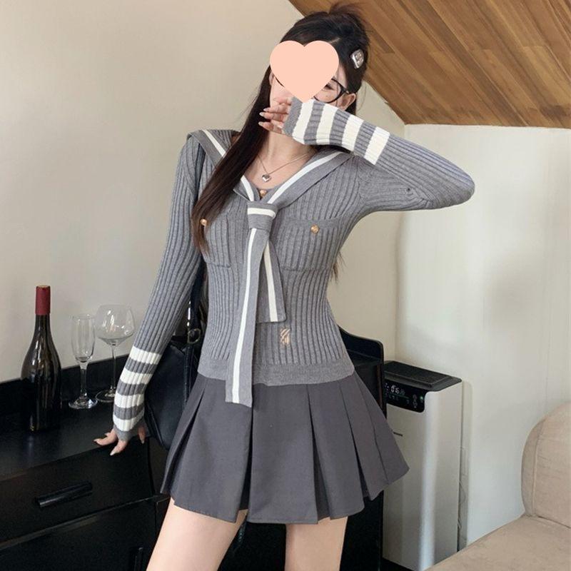 

Women s Navy Collar Color Block Striped Knit Sweater - Preppy Style, Slim Fit, Age-Reducing, 2025 Autumn Collection S, 75-90 lbs сірий колір