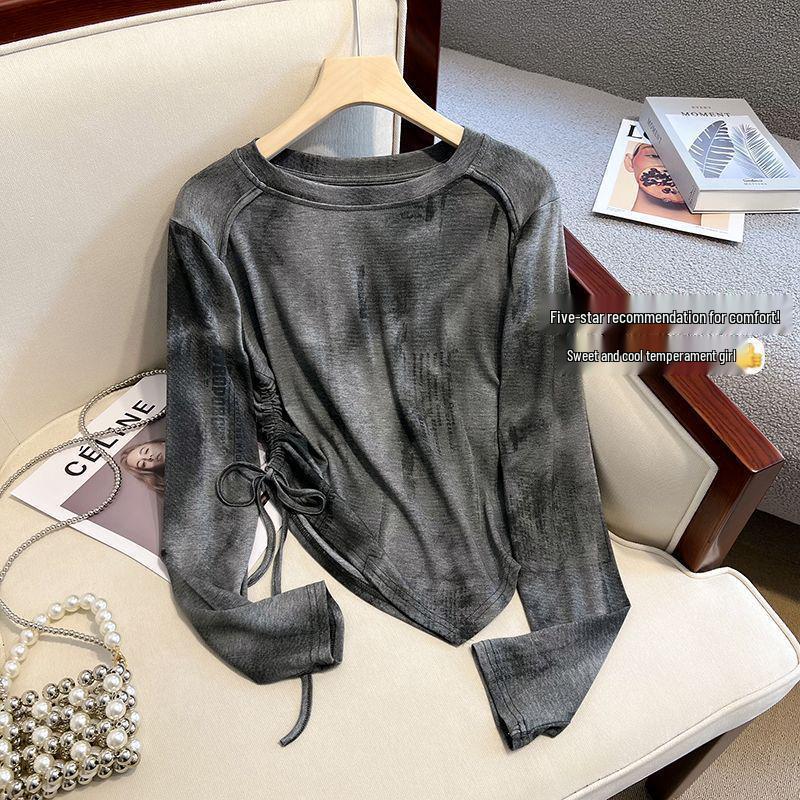 Tie-Dye Women's Irregular Long Sleeve Drawstring Slimming T-Shirt - Korean Style for Spring/Autumn 2025