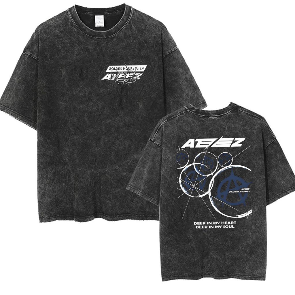 Vintage Washed Ateez Yunho Kpop Band Album 2026 TShirt Mens Women Hip Hop Loose Korean Fashion Short Sleeve T Shirt Streetwear