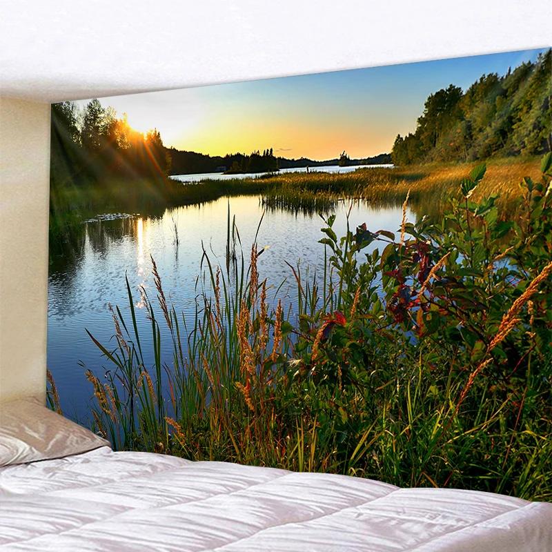 

Одеяло в стиле ар-деко, занавеска для спальни, гостиной, украшения, озера, воды, голубого неба, заката, настенный гобелен 100x75cm