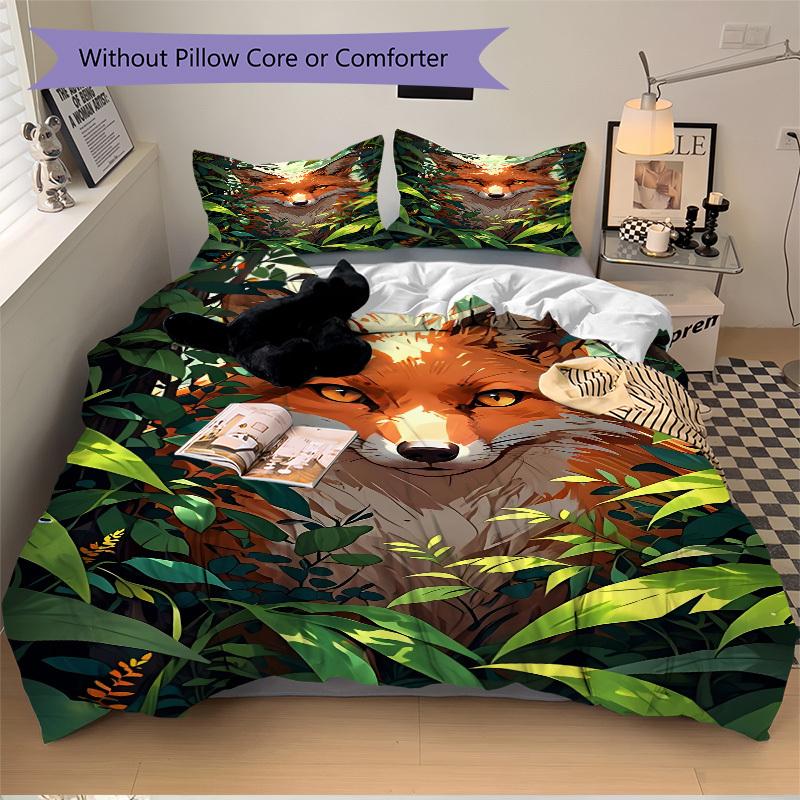 3pcs Fox Print Duvet Cover Set - Machine Washable, Includes 1 Cover and 2 Pillowcases, No Core Included Yy251013001